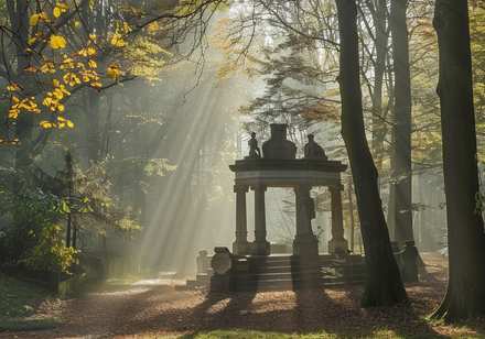 Sonnenstrahlen scheinen auf ein Denkmal im Wald.