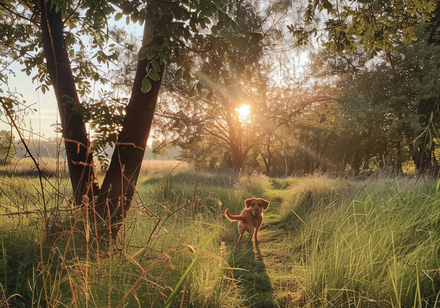 Ein Hund im sonnendurchfluteten Wald.