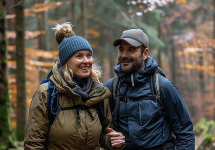 Ein Pärchen in herbstlicher Wanderkleidung steht lächelnd im Wald.
