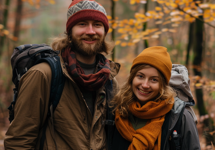 Ein Pärchen in herbstlicher Wanderkleidung lächelt in die Kamera.