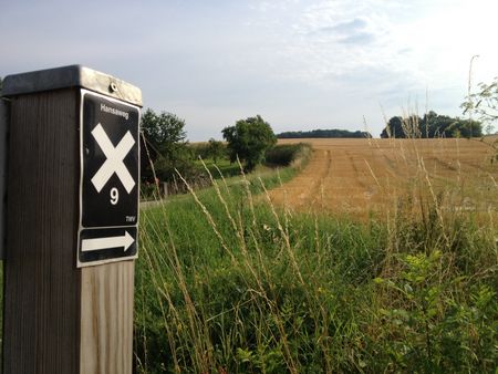 Markierungszeichen Hansaweg an einem Holzpfosten