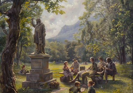 Picknicksituation auf einer Wiese an einem Denkmal