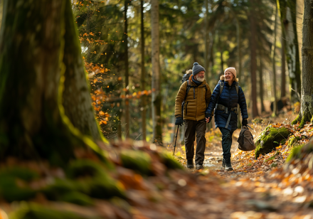 Ein Pärchen im Wald bei Sonnenaufgang.