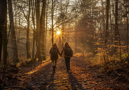 Ein Wanderpärchen von hinten in einem herbstlichen Wald. 
