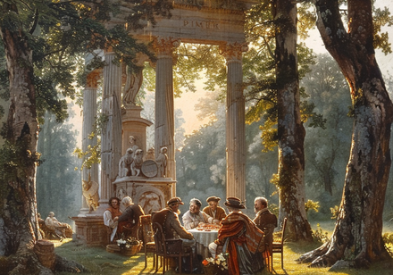 Picknicksituation vor einem Denkmal im Wald