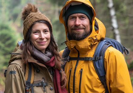 Ein Pärchen in Wanderkleidung lächelt in die Kamera.