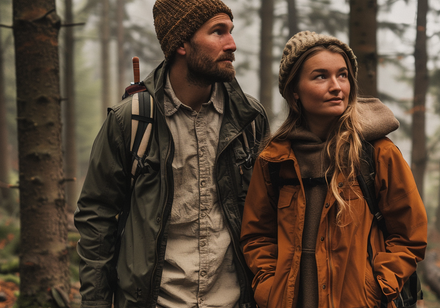 Ein Pärchen in Wanderkleidung steht in einem herbstlichen Wald.