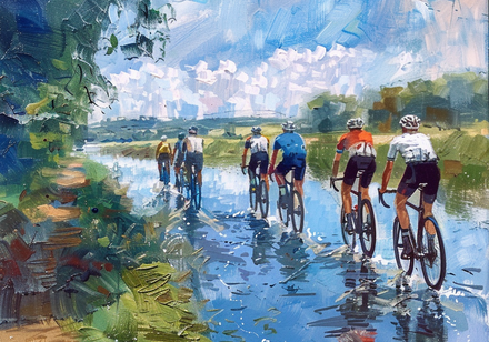 Radfahrer fahren duch Wasser