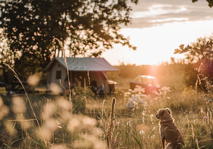 Win Hund auf einer sonnendurchfluteten Wiese.